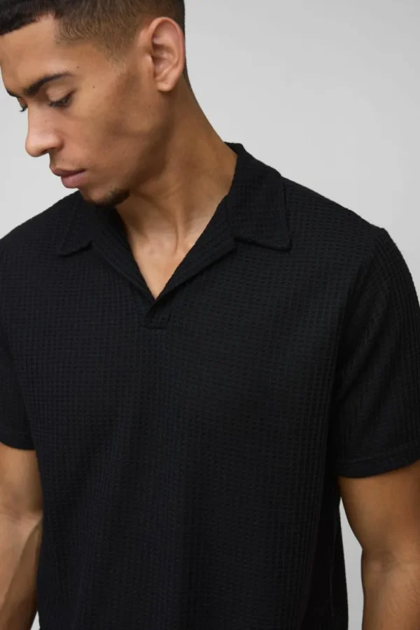 boohooMAN Regular Fit Waffle Revere Polo | Going Out Polo Shirts