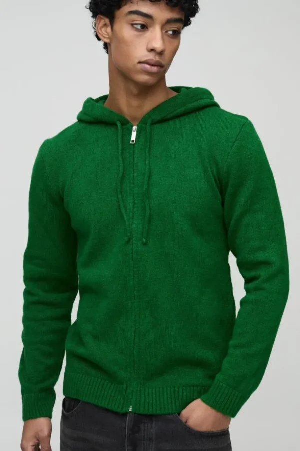 boohooMAN Regular Fit Zip Through Knitted Hoodie | Knitwear | Going Out Knitwear