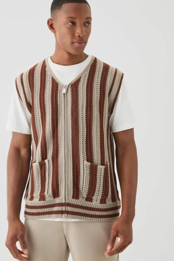 boohooMAN Regular Fit Zip Through Open Knit Stripe Gilet | Knitwear | Going Out Knitwear