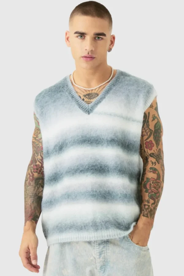 boohooMAN Regular Knitted Brushed Stripe V Neck Tank | Knitwear | Going Out Knitwear