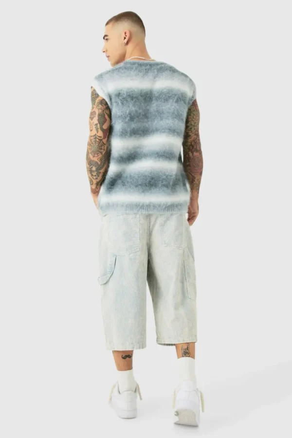 boohooMAN Regular Knitted Brushed Stripe V Neck Tank | Knitwear | Going Out Knitwear