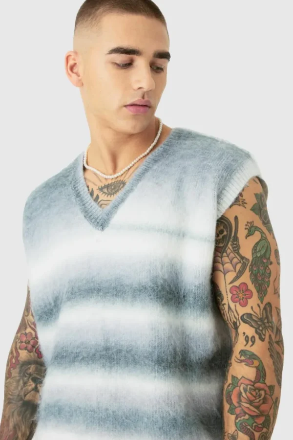 boohooMAN Regular Knitted Brushed Stripe V Neck Tank | Knitwear | Going Out Knitwear