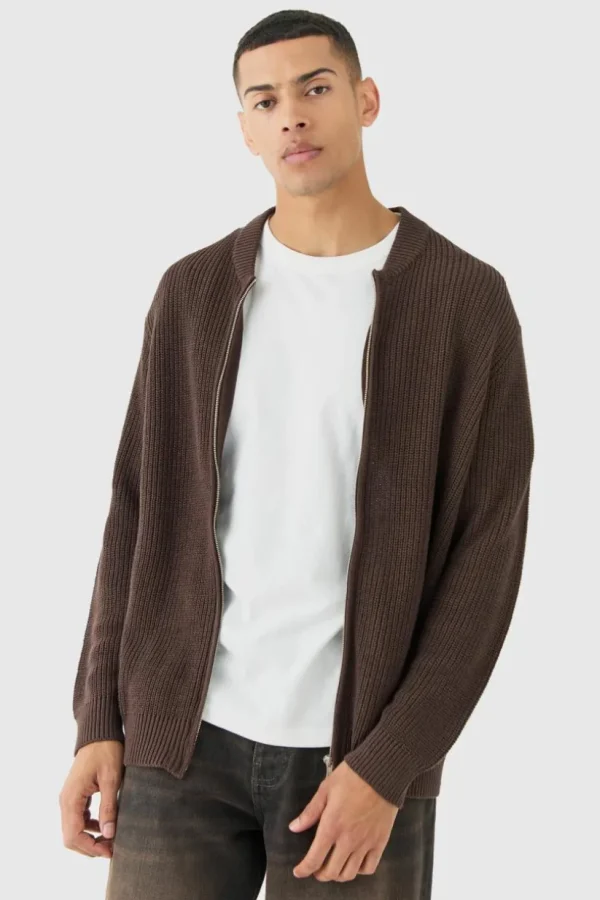 boohooMAN Regular Ribbed Fisherman Knit Bomber Jacket | Knitwear | Going Out Knitwear