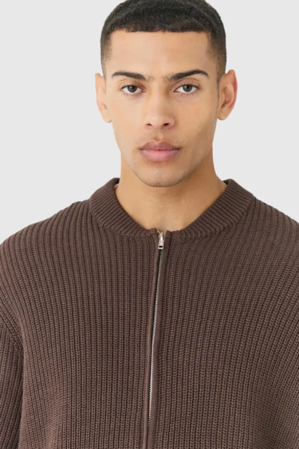 boohooMAN Regular Ribbed Fisherman Knit Bomber Jacket | Knitwear | Going Out Knitwear