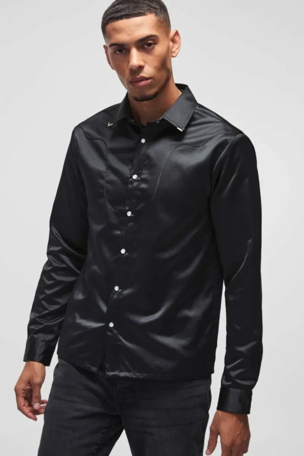 boohooMAN Regular Satin Western Long Sleeve Shirt | Going Out