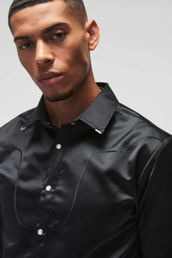 boohooMAN Regular Satin Western Long Sleeve Shirt | Going Out