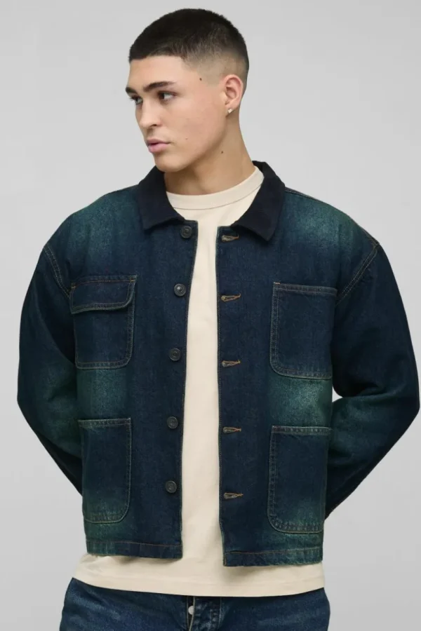 boohooMAN Regular Vintage Washed Cord Collar Denim Jacket | Man | Coats & Jackets