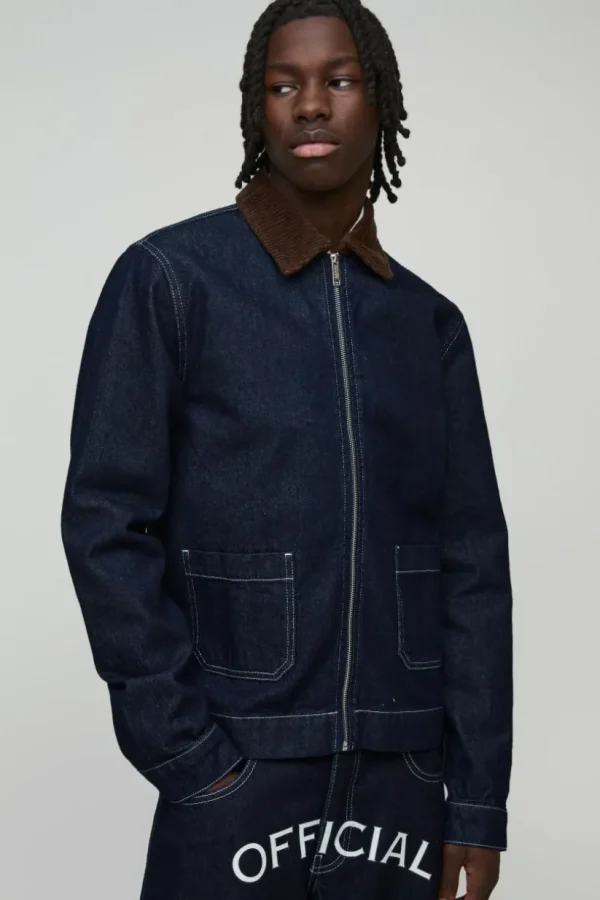 boohooMAN Relaxed Denim Printed Harrington Jacket With Cord Collar | Man | Coats & Jackets