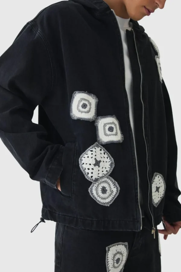 boohooMAN Relaxed Denim Zip Through Crochet Hoodie | Man | Coats & Jackets