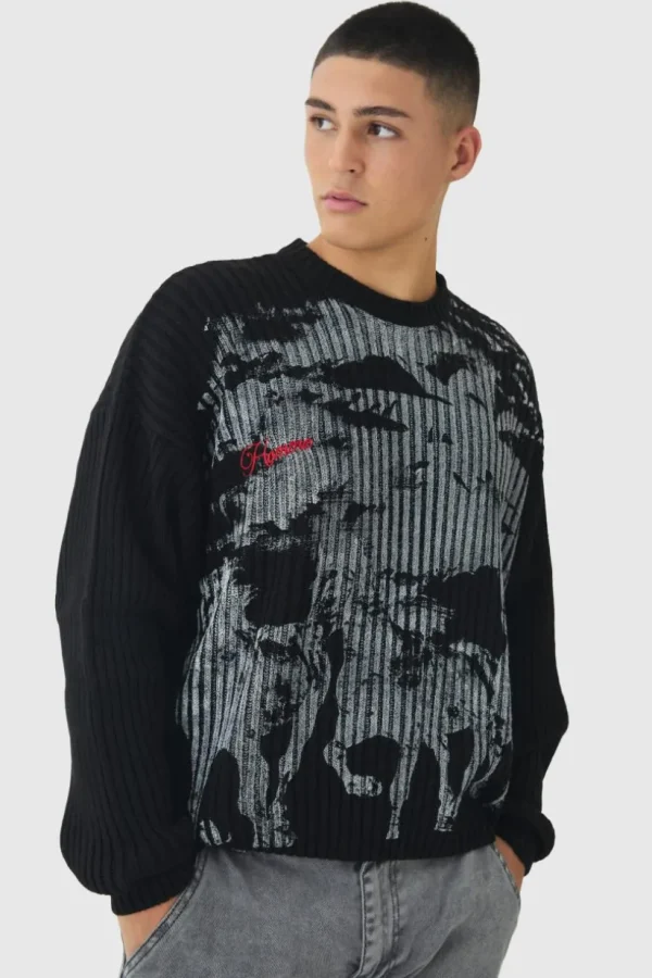 boohooMAN Relaxed Dropped Shoulder Graphic Print Knitted Jumper | Knitwear | Going Out Knitwear