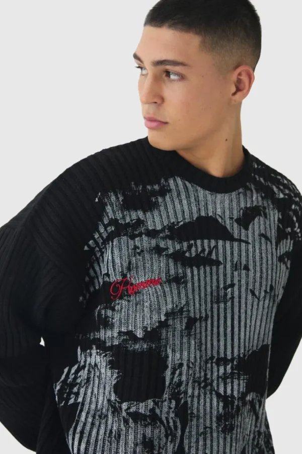 boohooMAN Relaxed Dropped Shoulder Graphic Print Knitted Jumper | Knitwear | Going Out Knitwear