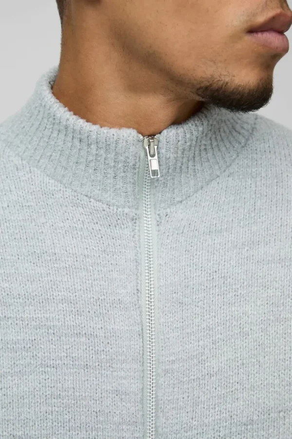 boohooMAN Relaxed Fit Boucle Zip Up Knitted Jumper | Knitwear | Going Out Knitwear