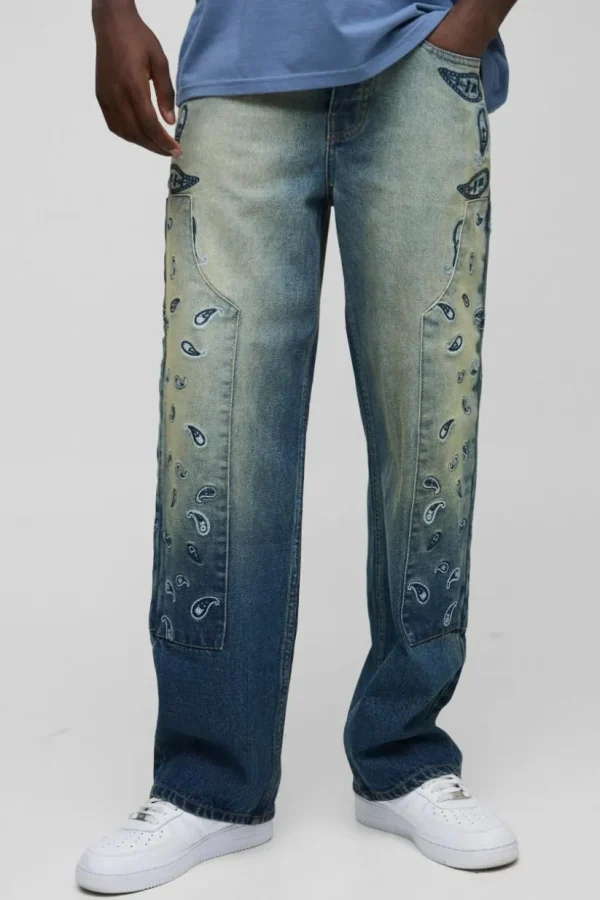 boohooMAN Relaxed Fit Paisley Embroidered Jeans | Denim | Going Out Denim