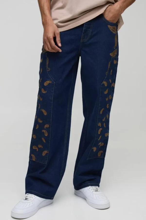 boohooMAN Relaxed Fit Paisley Embroidered Jeans | Denim | Going Out Denim