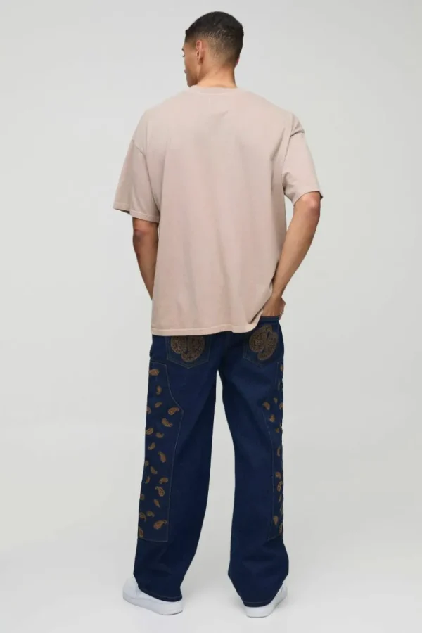 boohooMAN Relaxed Fit Paisley Embroidered Jeans | Denim | Going Out Denim