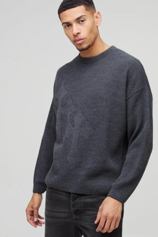 boohooMAN Relaxed Fit Ribbed Cross Knitted Jumper | Tracksuits | Sets & Coords