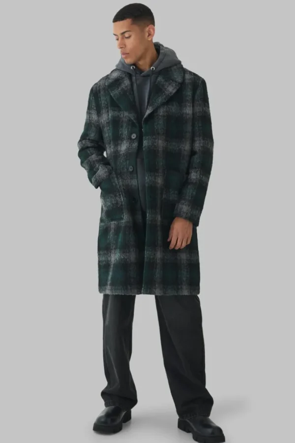 boohooMAN Relaxed Fit Single Breasted Check Overcoat In | Man | Coats & Jackets