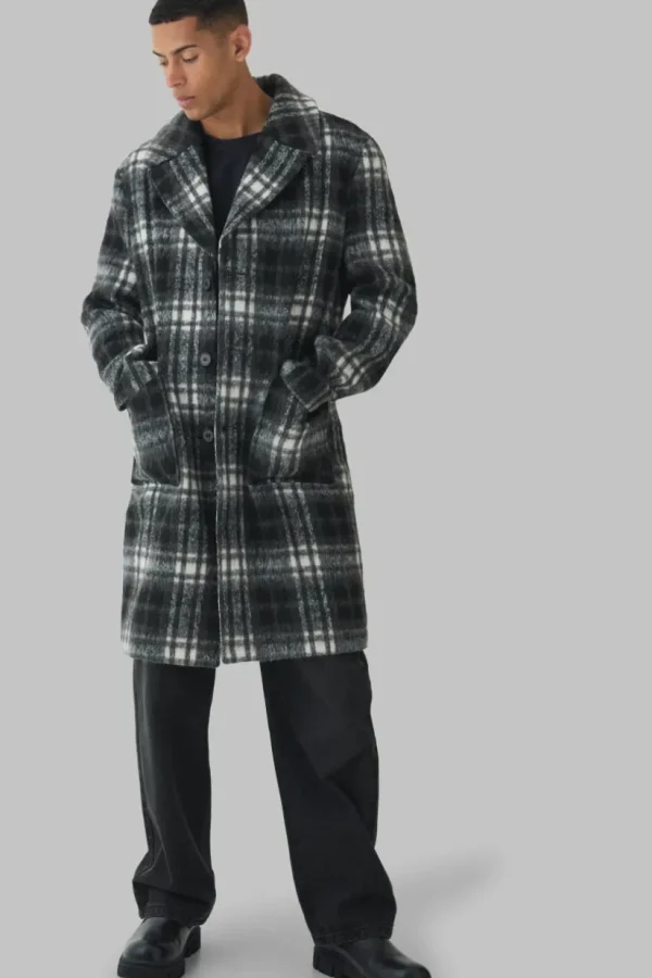 boohooMAN Relaxed Fit Single Breasted Check Overcoat In | Man | Coats & Jackets