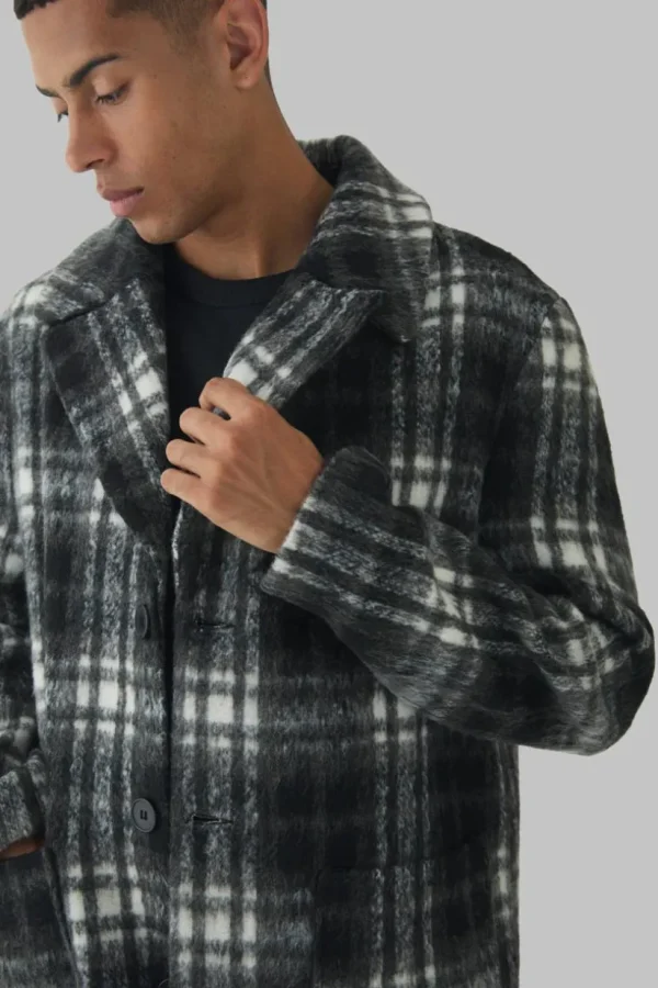 boohooMAN Relaxed Fit Single Breasted Check Overcoat In | Man | Coats & Jackets