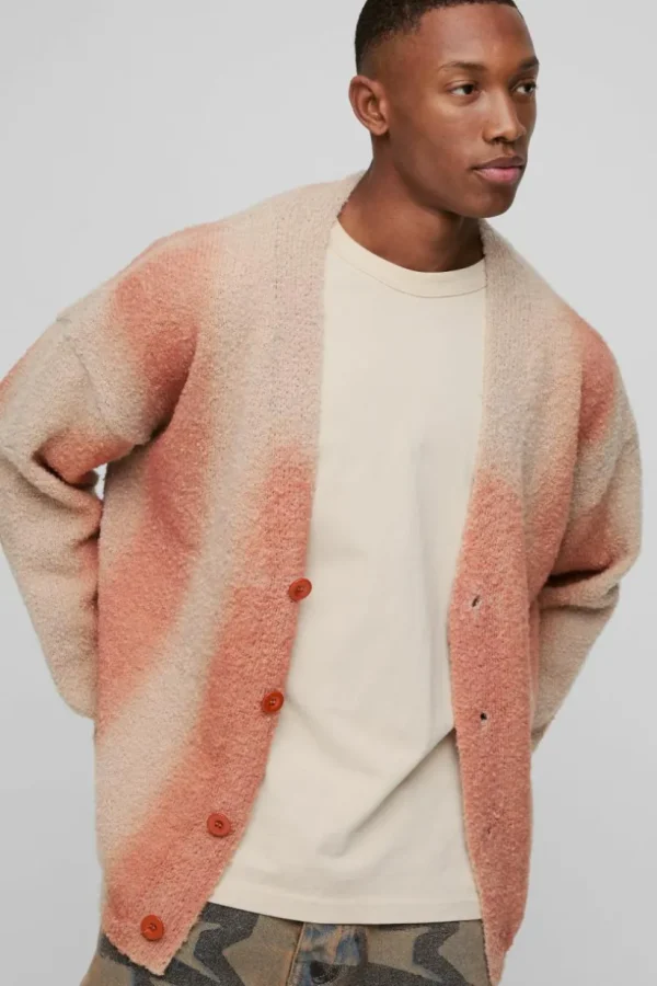 boohooMAN Relaxed Fit Stripe Boucle Knitted Cardigan | Knitwear | Going Out Knitwear