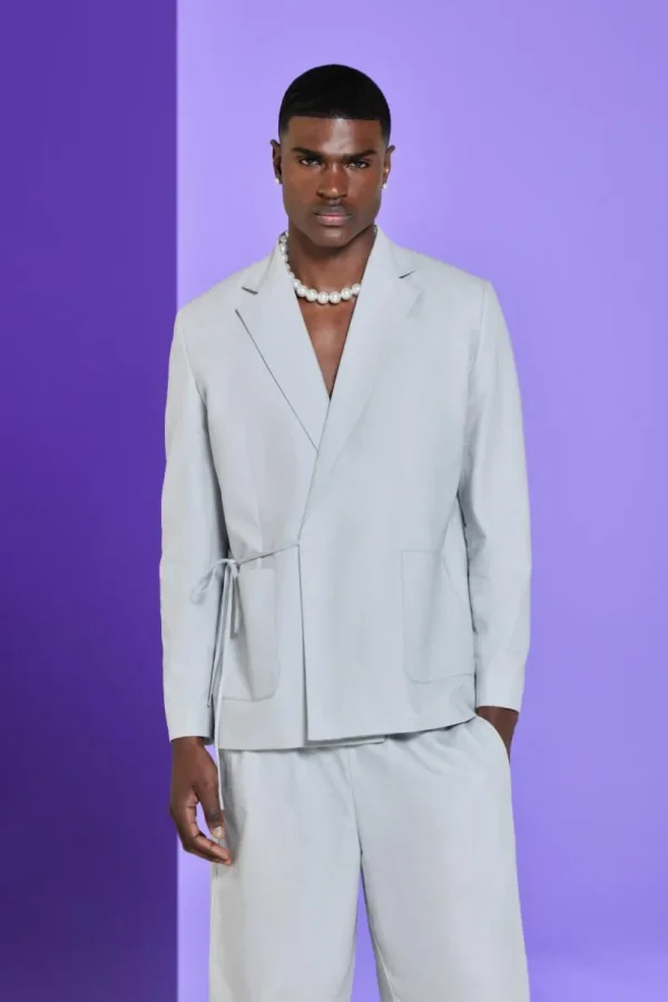 boohooMAN Relaxed Fit Tie Front Linen Blazer In | Suits & Tailoring | Suits & Tailoring