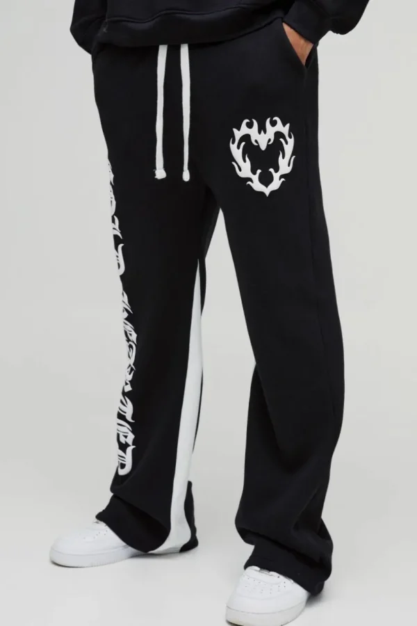 boohooMAN Relaxed Flare Cold Hearted Puff Print Gusset Jogger | Trousers | Joggers