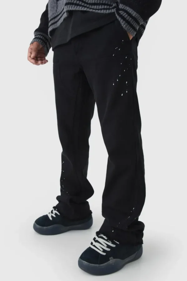 boohooMAN Relaxed Flared Carpenter Paint Splatter Trousers | Trousers | Cargo Trousers