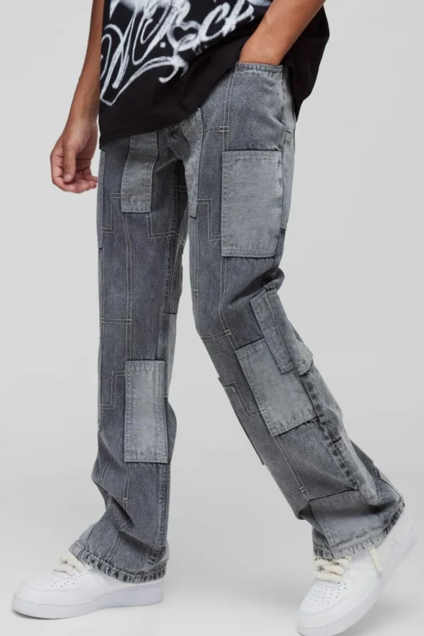 boohooMAN Relaxed Flared Patchwork Contrast Stitch Jeans | Jeans