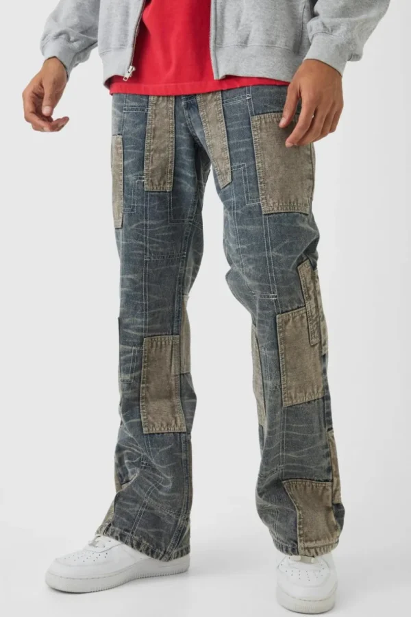 boohooMAN Relaxed Flared Patchwork Contrast Stitch Jeans | Jeans