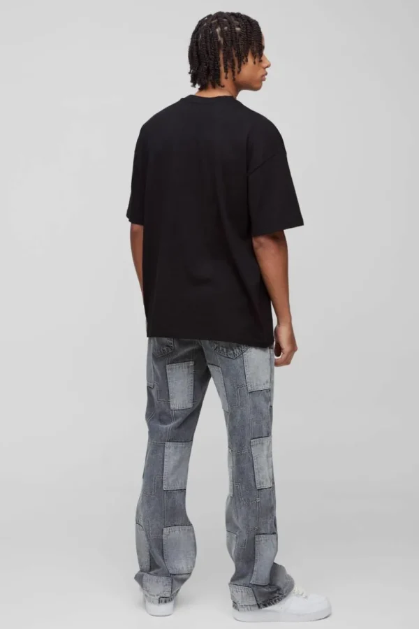 boohooMAN Relaxed Flared Patchwork Contrast Stitch Jeans | Jeans