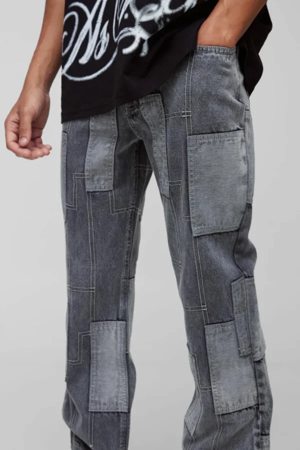 boohooMAN Relaxed Flared Patchwork Contrast Stitch Jeans | Jeans
