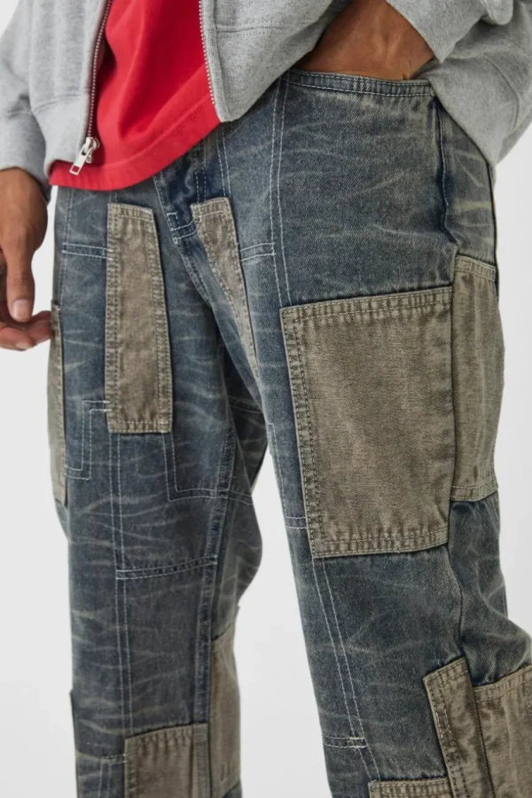 boohooMAN Relaxed Flared Patchwork Contrast Stitch Jeans | Jeans