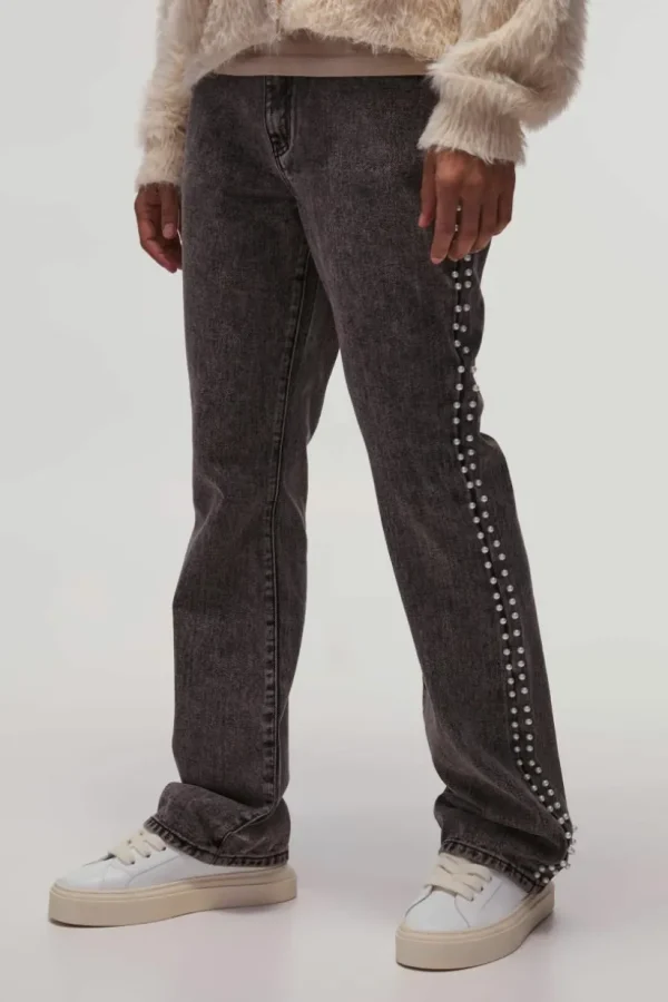boohooMAN Relaxed Flared Pearl Side Detail Jeans | Jeans