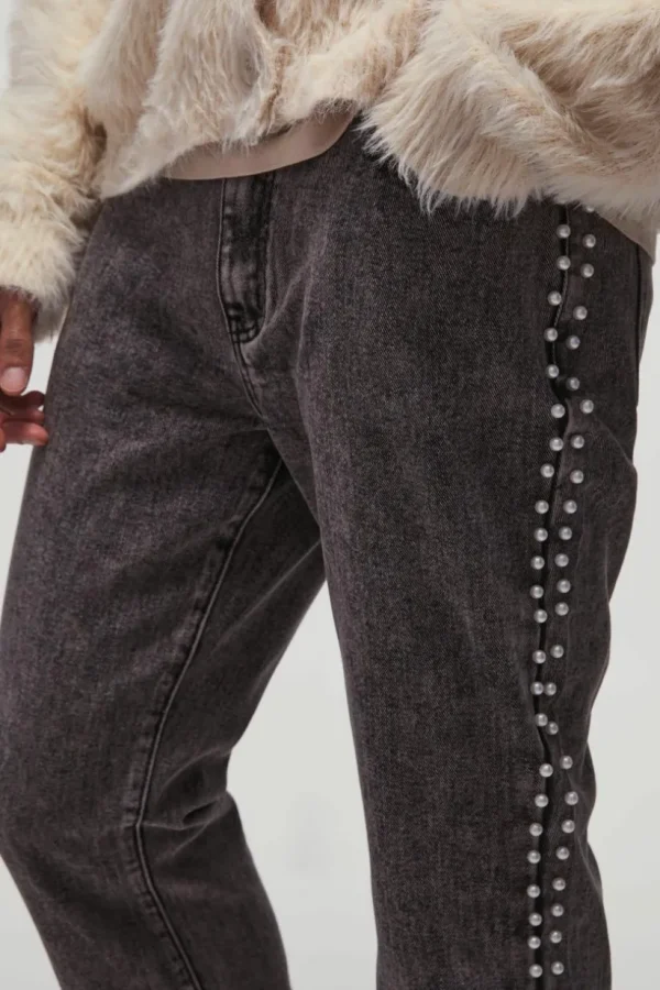 boohooMAN Relaxed Flared Pearl Side Detail Jeans | Jeans