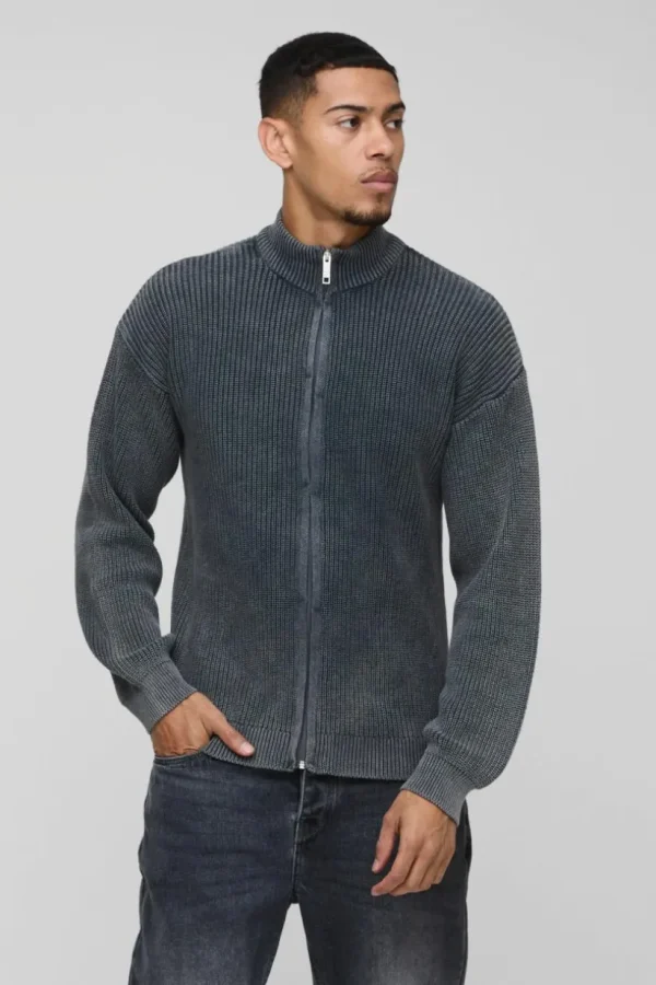 boohooMAN Relaxed Funnel Neck Zip Up Acid Wash Jumper | Knitwear | Going Out Knitwear