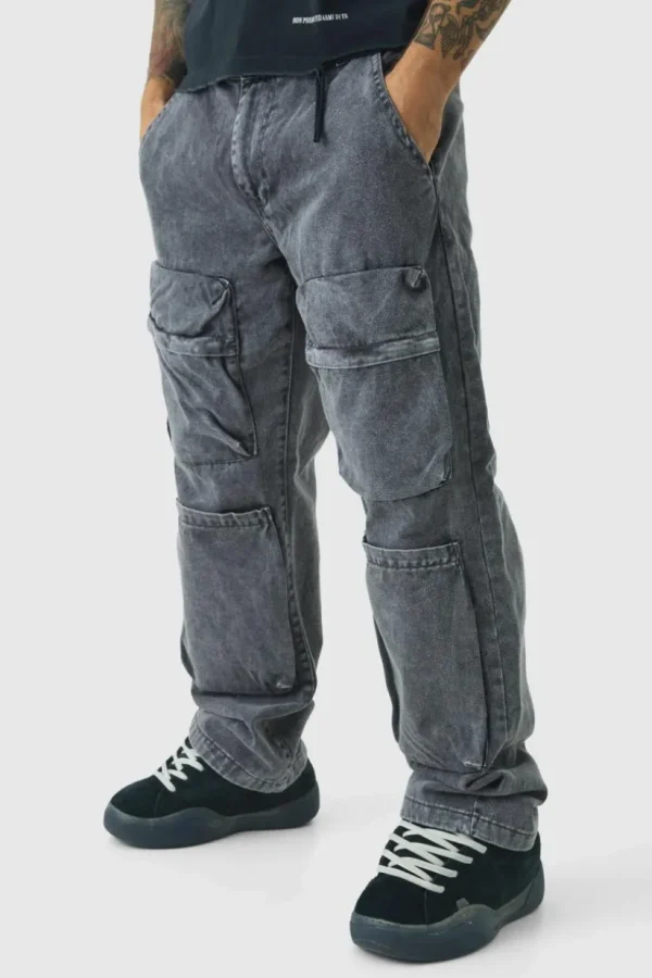 boohooMAN Relaxed Heavyweight Twill Acid Washed Cargo Trousers | Trousers | Cargo Trousers