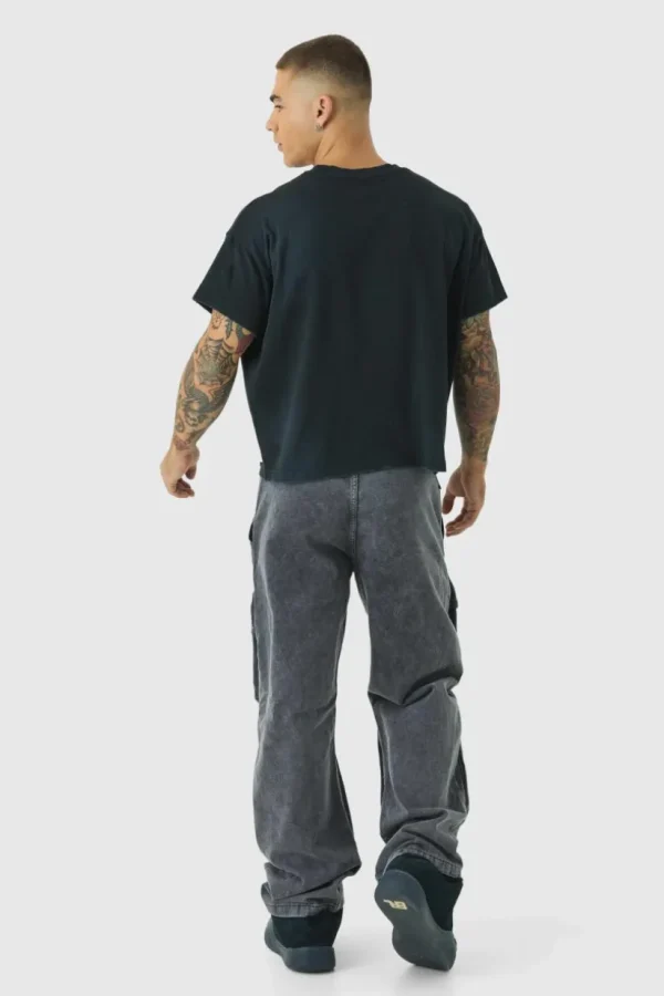 boohooMAN Relaxed Heavyweight Twill Acid Washed Cargo Trousers | Trousers | Cargo Trousers