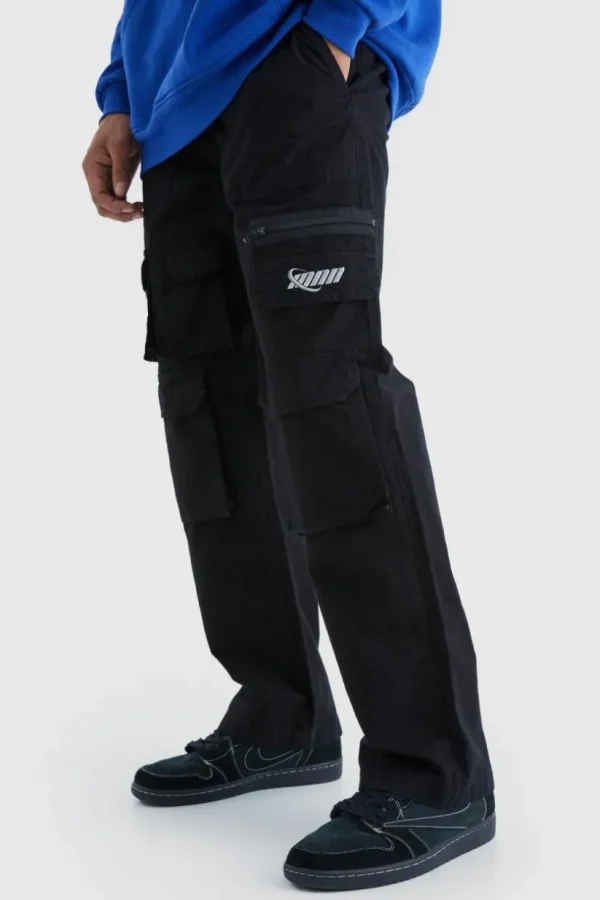 boohooMAN Relaxed Multi Cargo Ripstop Trouser With Tonal Embroidery | Trousers | Cargo Trousers