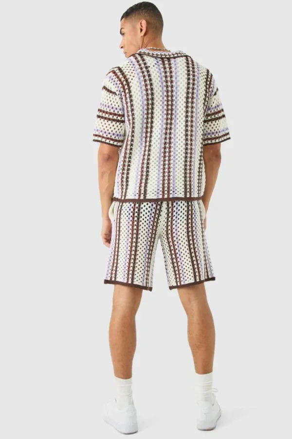 boohooMAN Relaxed Open Stitch Stripe Knitted Short | Knitwear | Going Out Knitwear