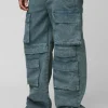 boohooMAN Relaxed Rigid Acid Washed Multi Pocket Cargo Denim Jeans | Denim | Going Out Denim