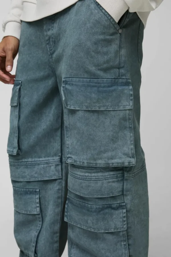 boohooMAN Relaxed Rigid Acid Washed Multi Pocket Cargo Denim Jeans | Denim | Going Out Denim