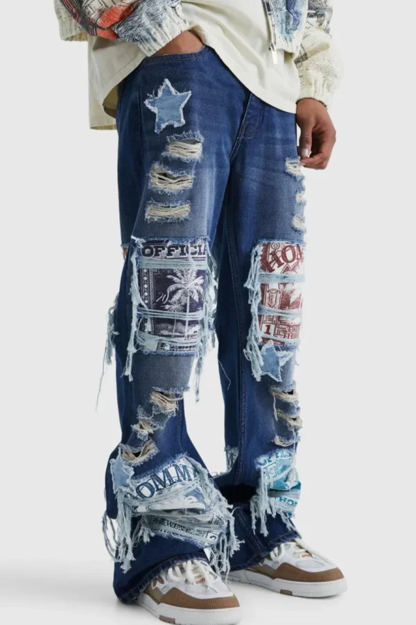 boohooMAN Relaxed Rigid Flare Applique Jeans | Denim | Going Out Denim