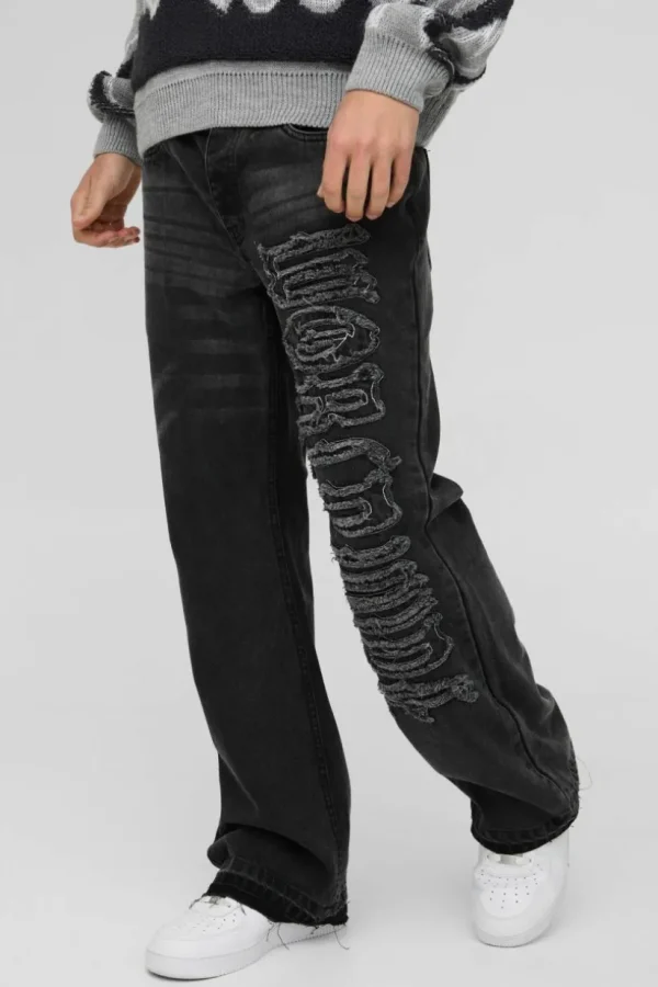 boohooMAN Relaxed Rigid Flared Applique Denim Jeans | Jeans