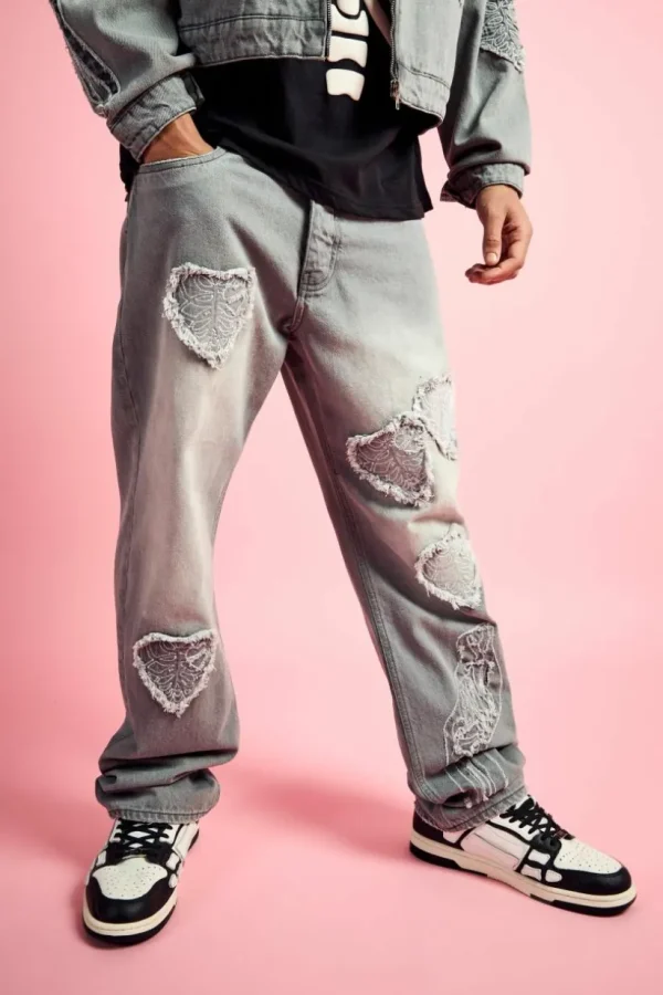 boohooMAN Relaxed Rigid Heart Applique Jean In | Denim | Going Out Denim