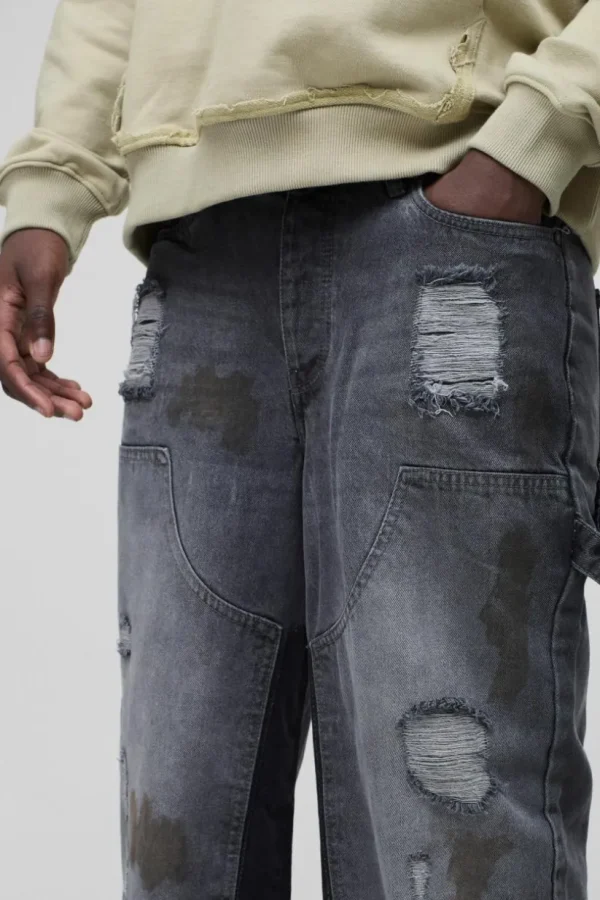 boohooMAN Relaxed Rigid Ripped Dirty Wash Carpenter Denim Jeans | Denim | Going Out Denim