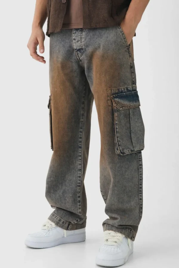 boohooMAN Relaxed Rigid Tinted Cargo Denim Jeans | Jeans