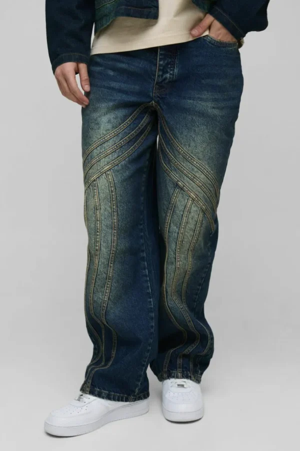 boohooMAN Relaxed Rigid Vintage Look Panelled Denim Jeans | Denim | Going Out Denim