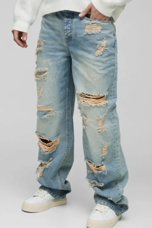 boohooMAN Relaxed Stacked Rigid Extreme Ripped Washed Denim Jeans | Denim | Going Out Denim