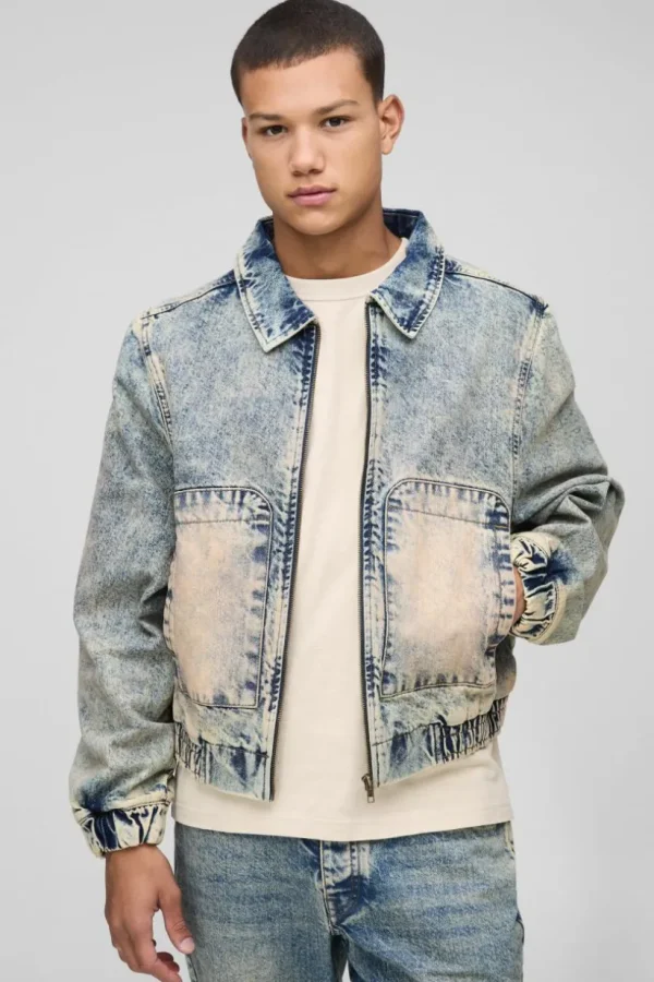 boohooMAN Relaxed Zip Through Antique Wash Denim Bomber | Man | Basics - Elevated