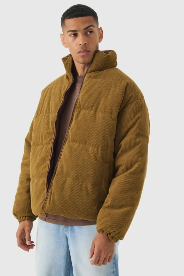 boohooMAN Reversible Cord And Nylon Puffer Jacket In Brown | Man | Coats & Jackets